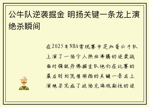 公牛队逆袭掘金 明扬关键一条龙上演绝杀瞬间